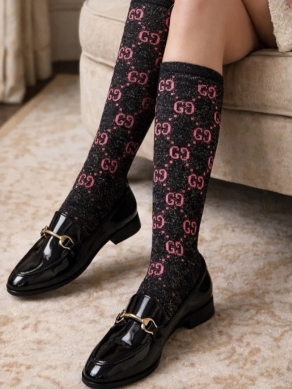 Luxe Logo Crew Socks- Black, Beige, Green